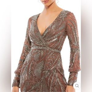 MAC DUGGAL, BEADED LONG SLEEVE WRAP OVER MIDI DRESS